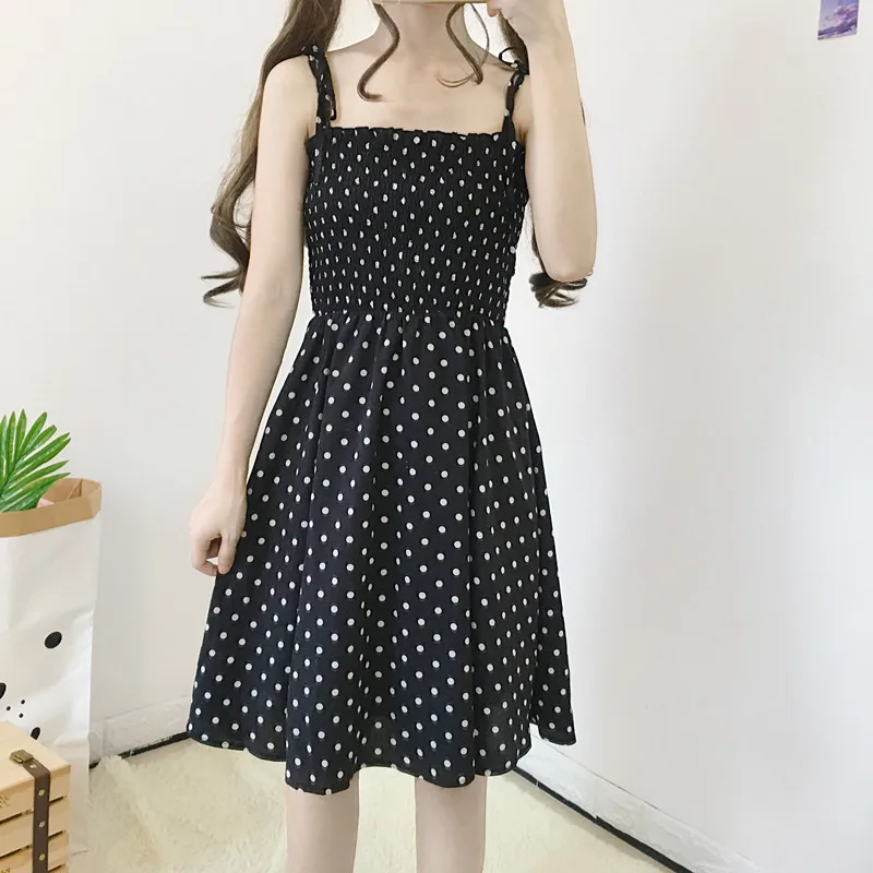 

Polka Dot Print Women Dress Sexy Suspenders Wave Point Girls Dress Mesh wooden ear nails pearl trumpet sleeve sunscreen blouse