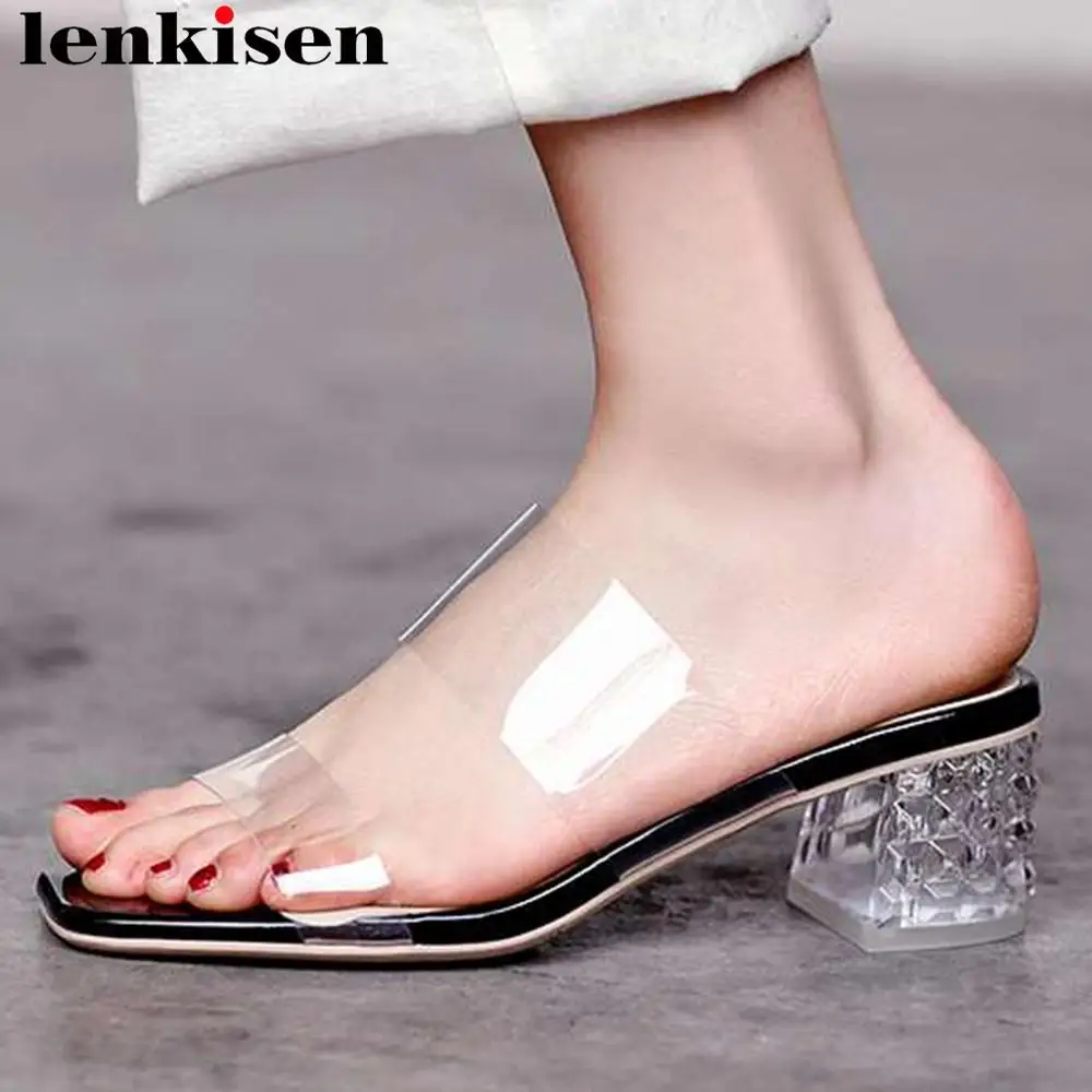

Large size new fashion transparent pvc material women sandals peep square toe slip on mules chunky med heels summer shoes L06