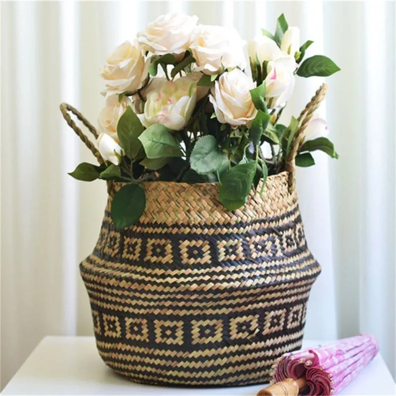 

Handcrafted Storage Baskets Foldable Laundry Straw Patchwork Wicker Rattan Sea Grass Belly Garden Flower Pot Plant Basket