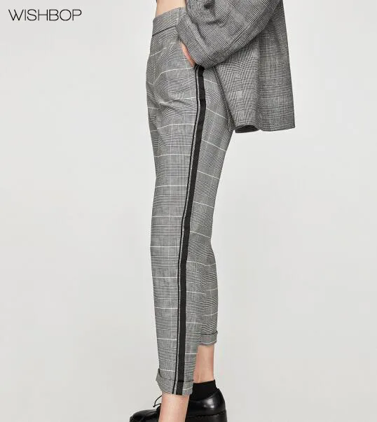 WISHBOP NEW 2017 Woman Grey Marl CHECKED CHINO TROUSERS WITH SIDE STRIPE Elastic Waistband Rolled-up Hems Side Pockets