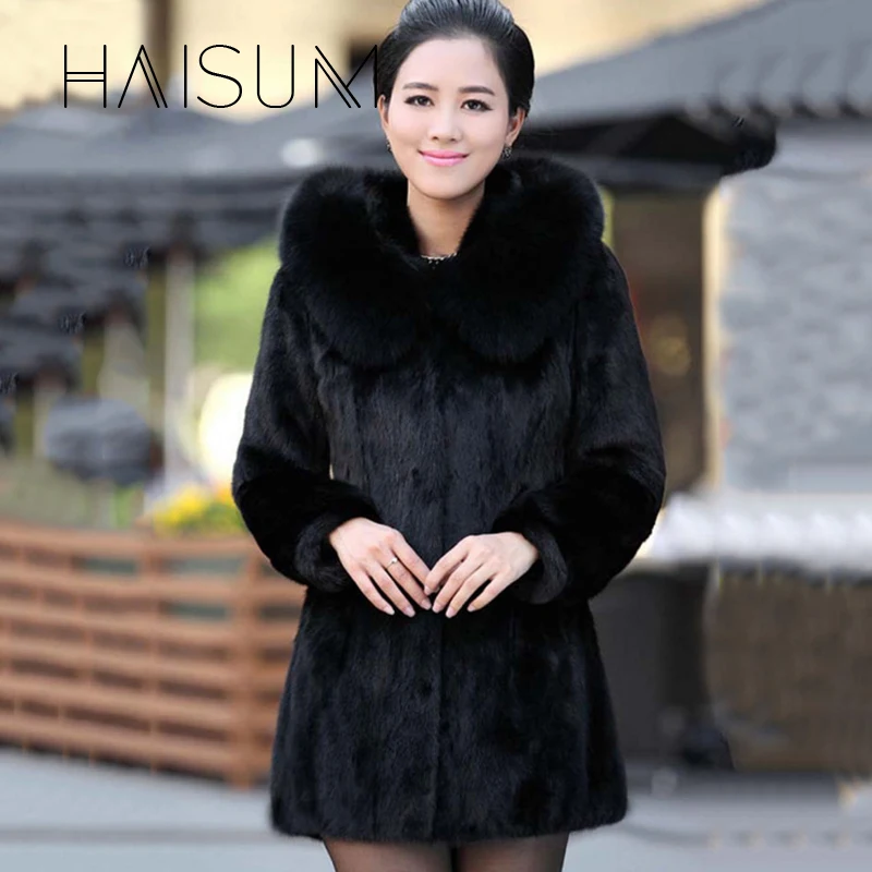 Women's Faux Fur Coat Winter Warm Black Imitation Fox Fur Long Round Neck Hat Temperament Young Lady 2018 New Nv015