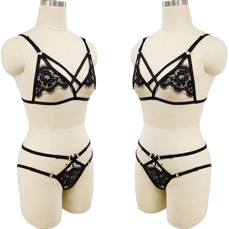Sexy Black Lace Body Harness Set Pastel Goth Cage Bra Bondage Harness Woman G-string Lace Briefs Underwear Punk Rave Panties