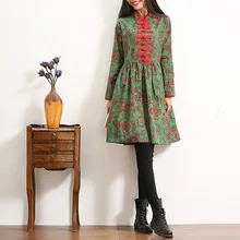 2017 Fashion Women Dress Chinese Style Cotton Linen Autumn Dress Long Sleeve Loose Elegant Dress Plus Size Women Clothing