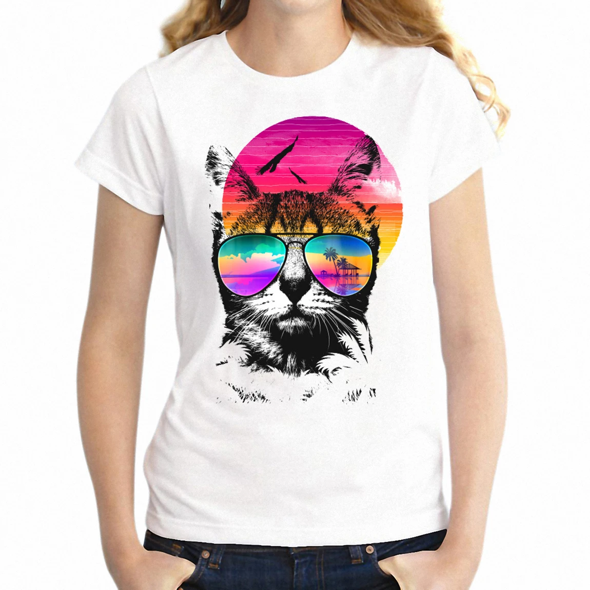 Модные Для женщин футболка Cool Cat носить Форма на пляже девушки с коротким рукавом Футболка Harajuku круто футболки