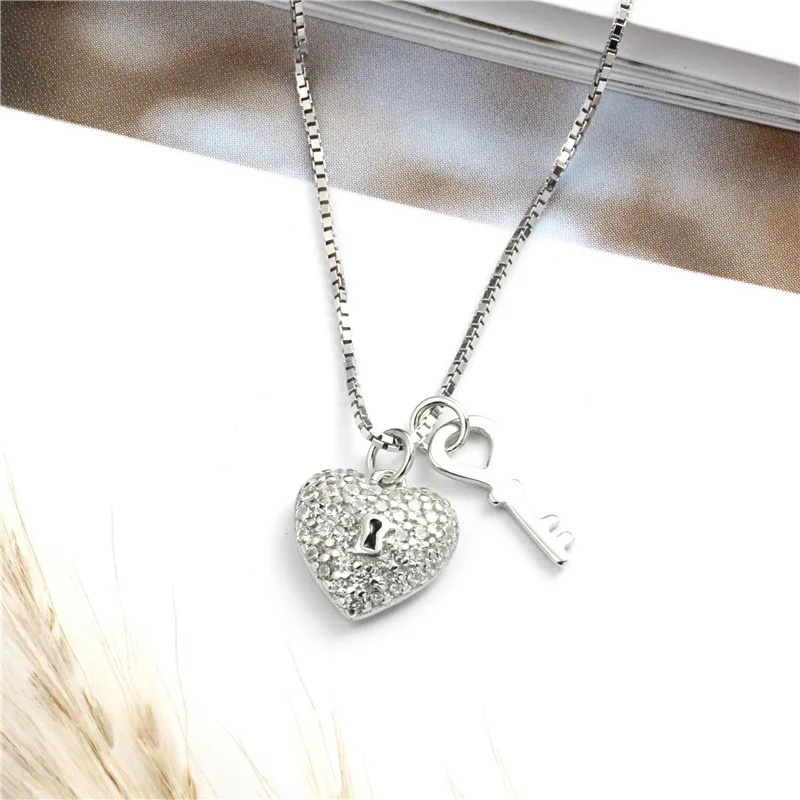 lock and key mini cz necklace woman 100% 925 Sterling silver nacklace Jewellery Clavicle chain pendant charms gift