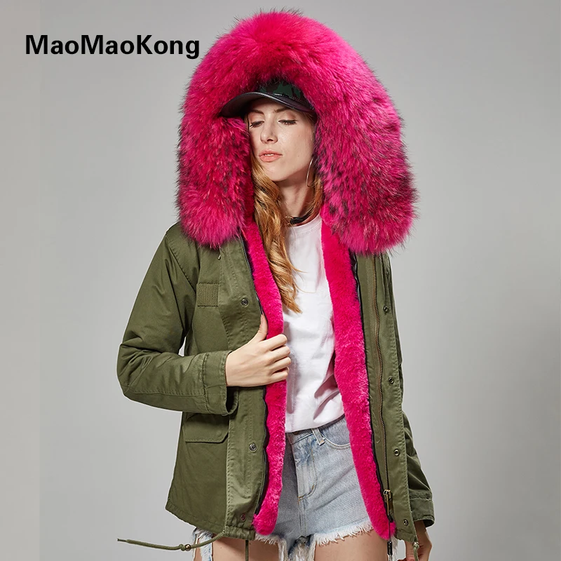 MAO MAO KONG 100% Real Raccoon Fur Collar winter fur coat Women camouflage black parkas & cotton faux fur coat jacket