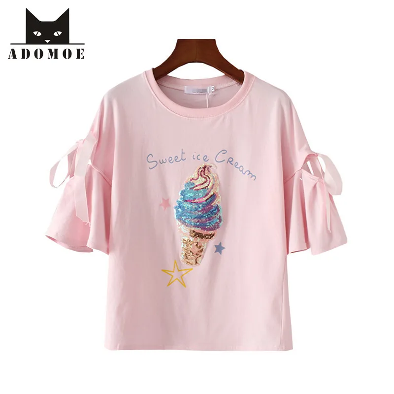 

Cute Soft Baby Pink Girly girl Sequins Glitte Sweet Ice Cream Summer Young Girls T-shirt Flare Sleeve Fashion Tee Kawaii Tops