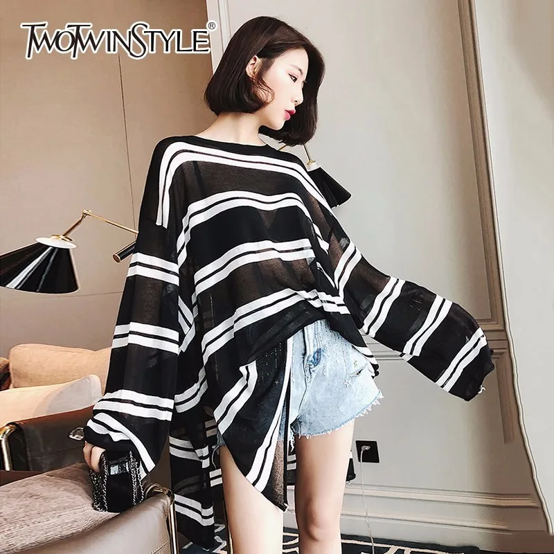 TWOTWINSTYLE Thin Knitting Sweater Female Batwing Sleeve Hollow Out Oversize Split Long Pullover Spring Fashion Casual Clothing | Женская
