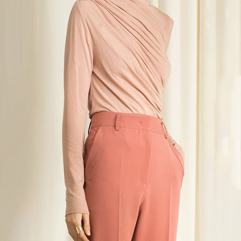 [DEAT] Новинка Весна Лето круглый вырез длинный рукав абрикосовый короткий свободный плиссированный стежок футболка женская мода волна JR226 - Цвет: pink color