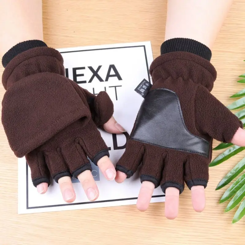 Women Men Winter Polar Fleece Half Finger Flip Gloves Double Layer Thicken Touch Screen Fingerless Convertible Mittens Wrist War