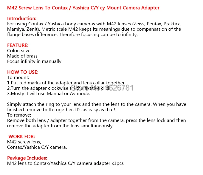 Адаптер объектива/комплект конвертера адаптера для M42 к Contax Yashica C/Y mount camera