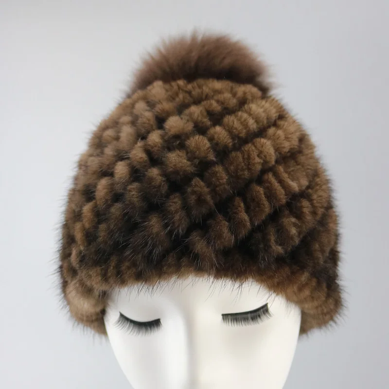 MPPM Russian Real mink fur hat for women winter knitted mink fur beanie cap fox fur pom pom hat new thick female cap 4