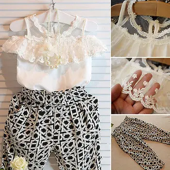 

Baby Girls Party Lace Floral Tops Shirt+Pants Twinset Outfits Set White lace blouse + black plaid pants baby girl clothes 2-6T