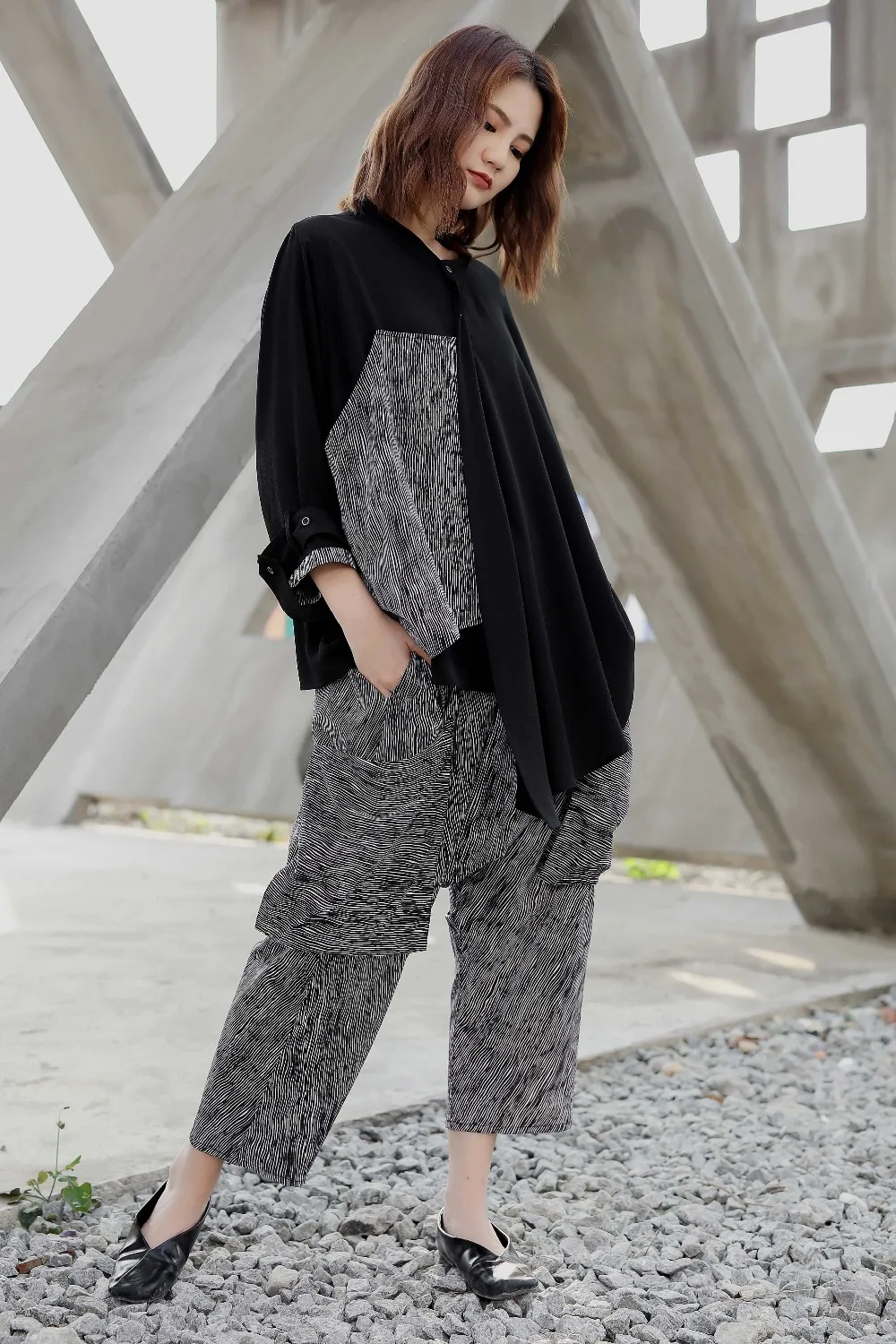 Deux Printemps Rayé Et Femme Haut 2019 Nouveau D'été Pantalons Pièces Personnalité Grande Ensemble Black Taille Asymétrique Suspendus qwORCHE