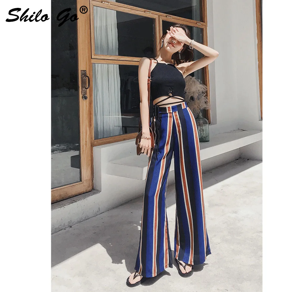 Pantalones Mujer Chic De Amplia Raya Las Capris Playa Casuales Verano Azul Cintura Pierna Mujeres Streetwear Alta Split 55xHrwPZ
