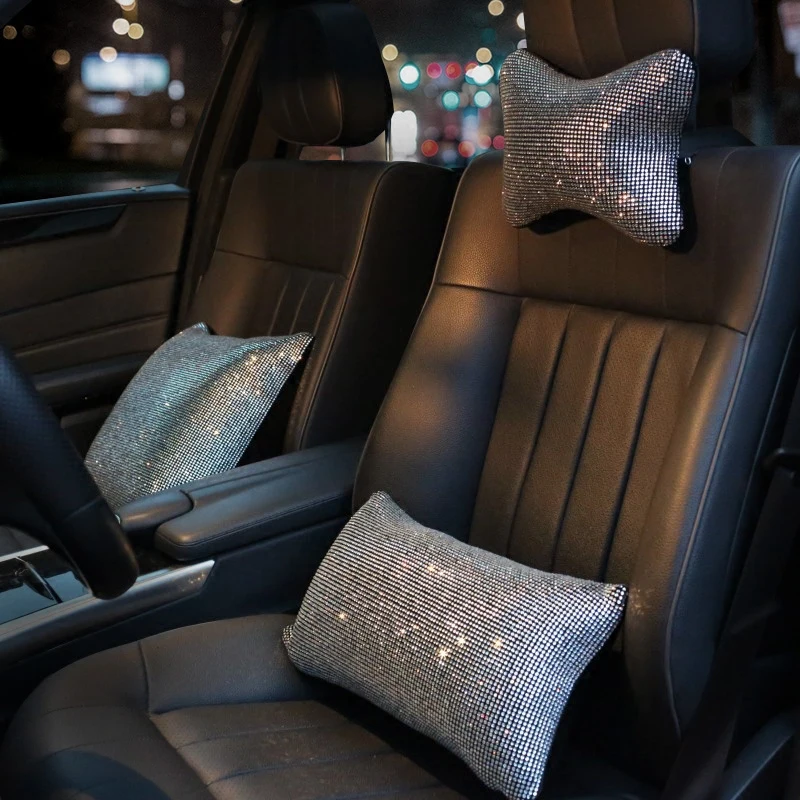 Fashion Rhinestone Crystal Car Neck Pillow Diamond Auto Headrest Waist  Support Pillows Holder Bling Car Interior Accessories