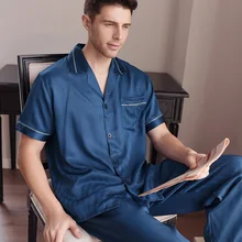 Новая Летняя мужская Шелковая пижама комплекты пижамы с коротким рукавом мужские длинные брюки шелк тутового шелка 2 шт наборы пижамы