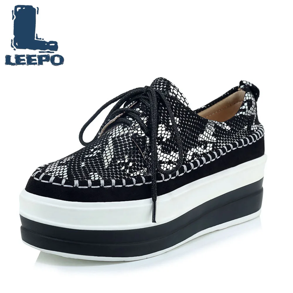 

LEEPO Women Flat Platform Snake Skin Texture Shoes Woman Luxury Handmade Shoes Female Silver Retro Mixed Colors Platform Flats