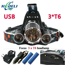 3T6 USB jack 10000 lumens led headlamp headlight CREE XML T6 waterproof head Flashlight head light 18650 Rechargeable battery