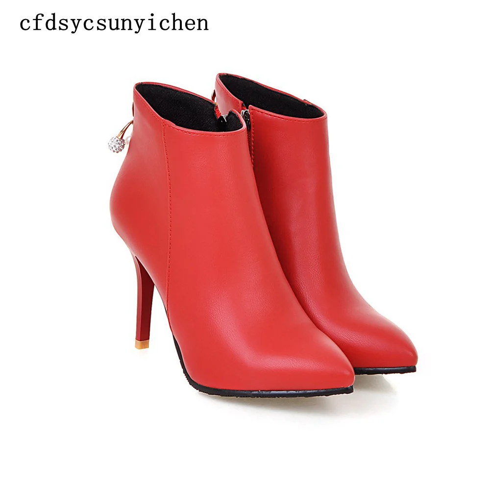 

Sexy Shoes Woman High Quality PU Ankle Boots 2019 New Fashion Super High Thin Heels Boots plus Big Size 10 BA-AFE-66-1