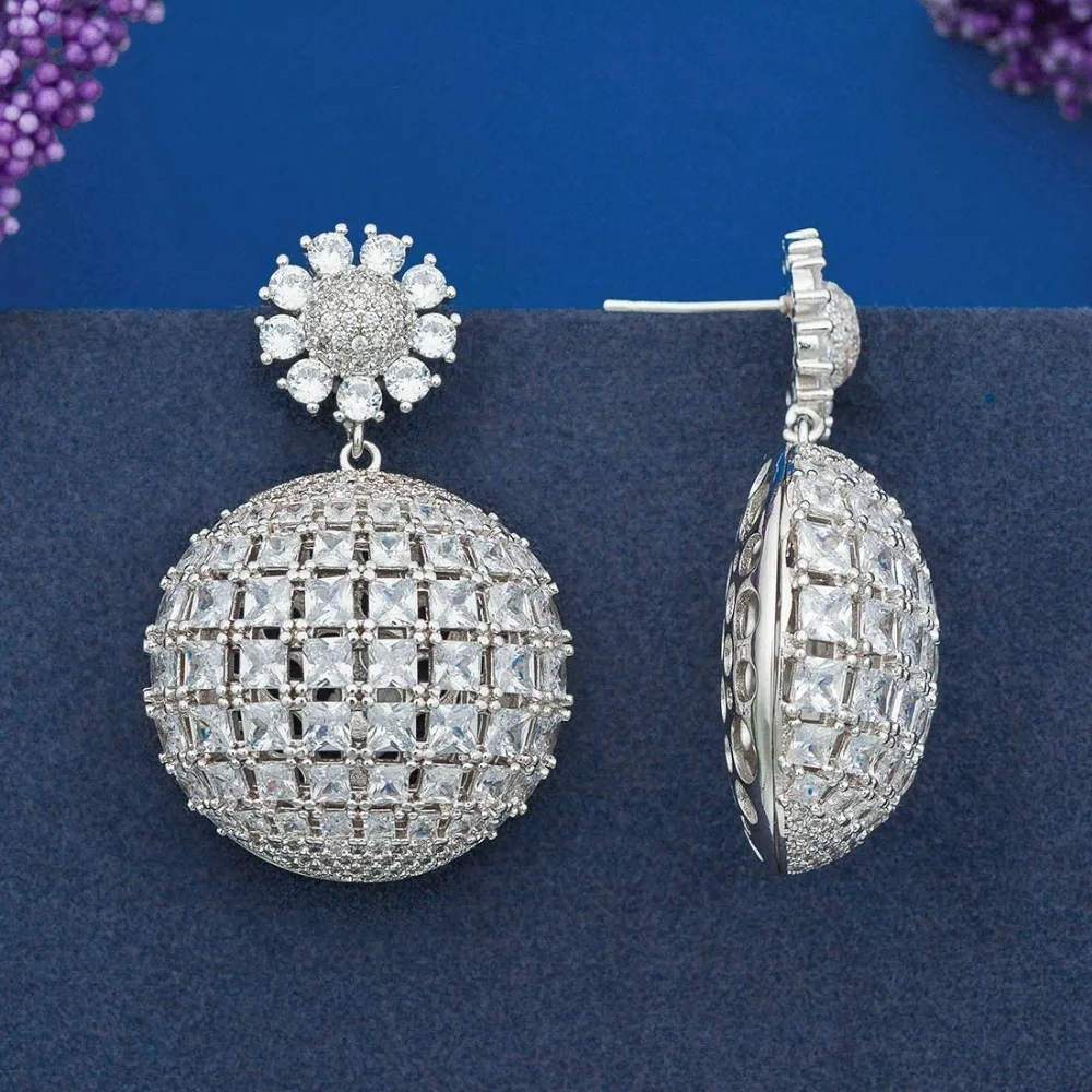 Роскошный цветок кубический шар супер блестящие AAA кубического циркония серебро Цвет Дубай для женщин Свадебные пати серьги-капельки Мода Jewelty