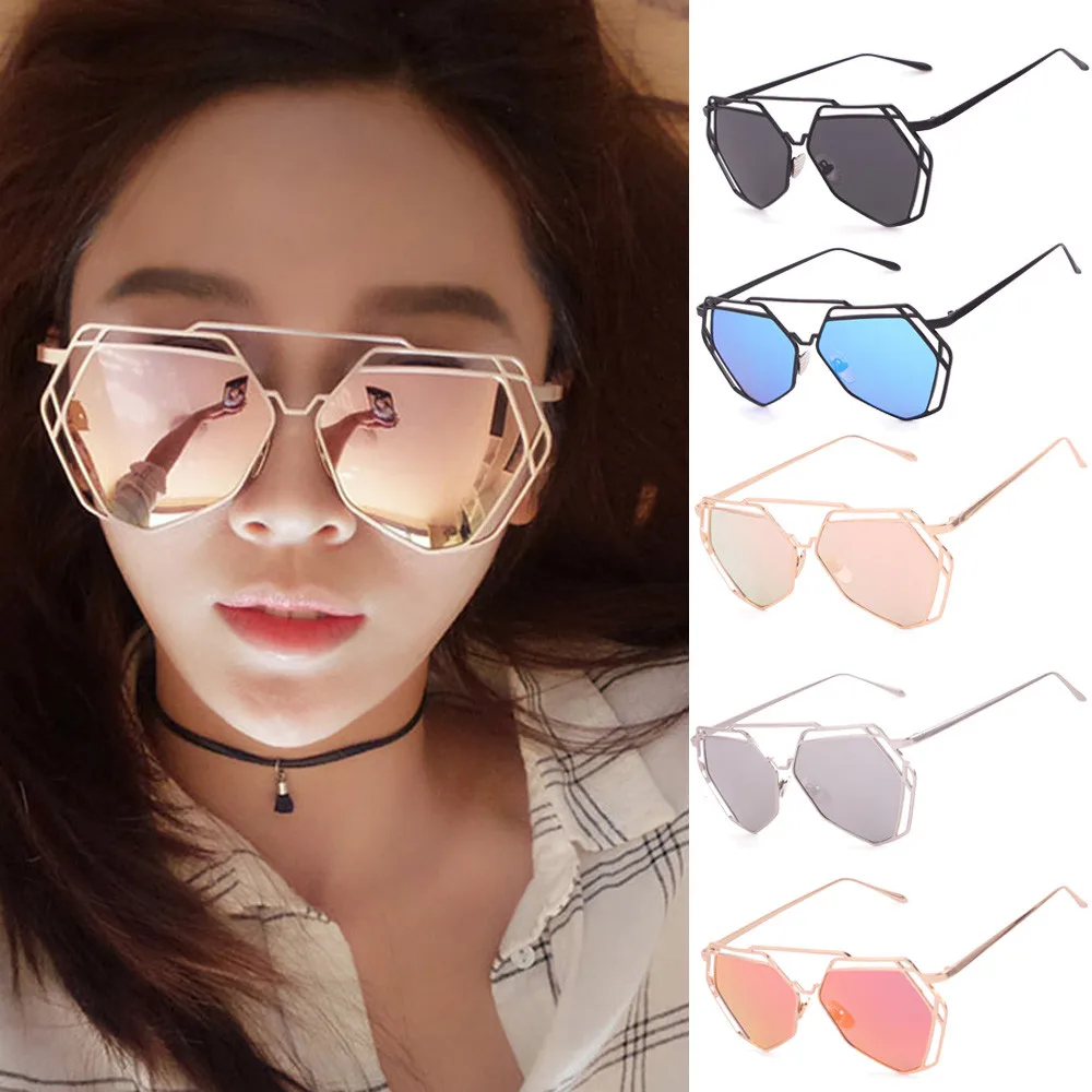 Geometry Design Twin Beams Women Metal Frame Mirror Sunglasses Cat Eye ...