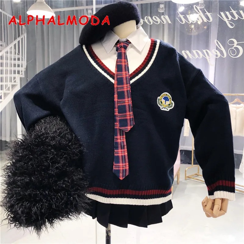 

ALPHALMODA Preppy 4pcs Sets V-striped Collar Embroider Badge Loose Pullovers Sweater + Tie + Bottom Shirt + Pleated Campus Skirt