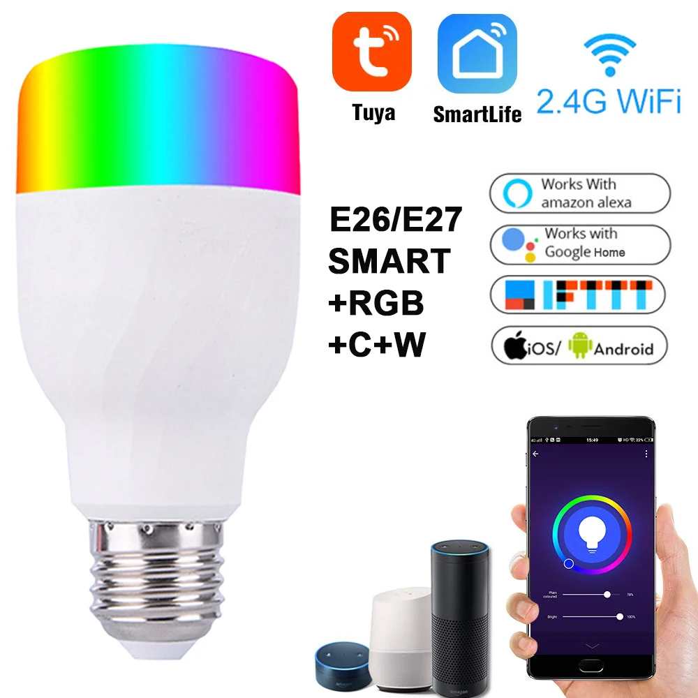 

WiFi Smart Light Bulb Intelligent Colorful LED Lamp RGBCW APP Remote Control Smart Lamp Works with Alexa Google Home E27 E26