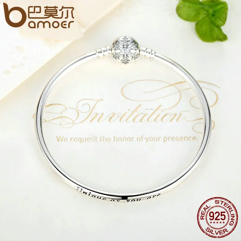 Goedkoop Bamoer Authentieke 925 Sterling Zilver Graveren Sneeuwvlok Sluiting Uniek Als U Zijn Snake Chain Armband Bangle Diy Sieraden PAS915