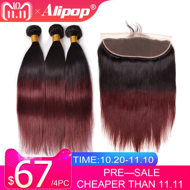 Best Price Alipop Ombre Straight Hair Bundles With Frontal T1b/99j Brazilian Hair Weave Bundles With Closure Non Remy Human Hair Extensions