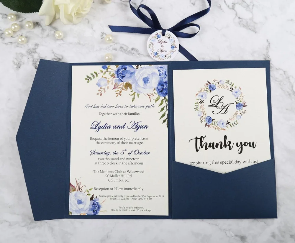 

100pcs Blue Pink Burgundy Greeting Cards with Envelope Customized Party Wedding Invitations with Ribbon and Tag, DH0001