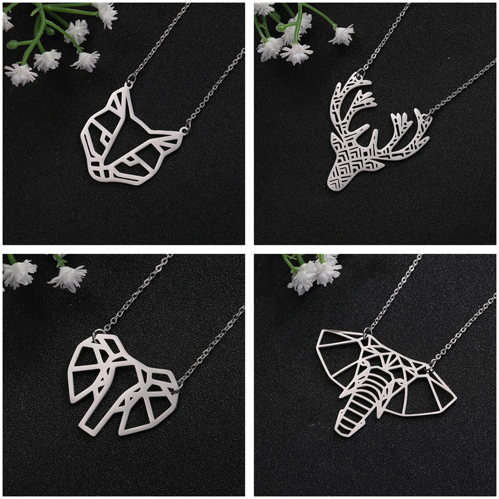 

Teamer Deer Fox Elephant Dog Head Pendant Necklace Women Statement Hollow Geometric Pet Animal Stainless Steel Collier Chain