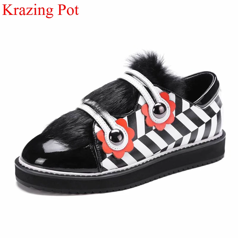

2018 Superstar Mixed Colors Genuine Leather Horsehair Hook Loop Sneaker Flowers Casual Platform Sexy Women Vulcanized Shoes L18
