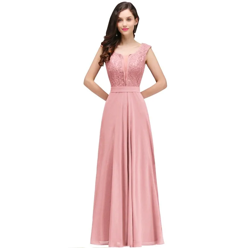 Длинные платья подружек невесты шифоновое платье без рукавов с глубоким вырезом для свадебной вечеринки vestido madrinha - Цвет: Pink