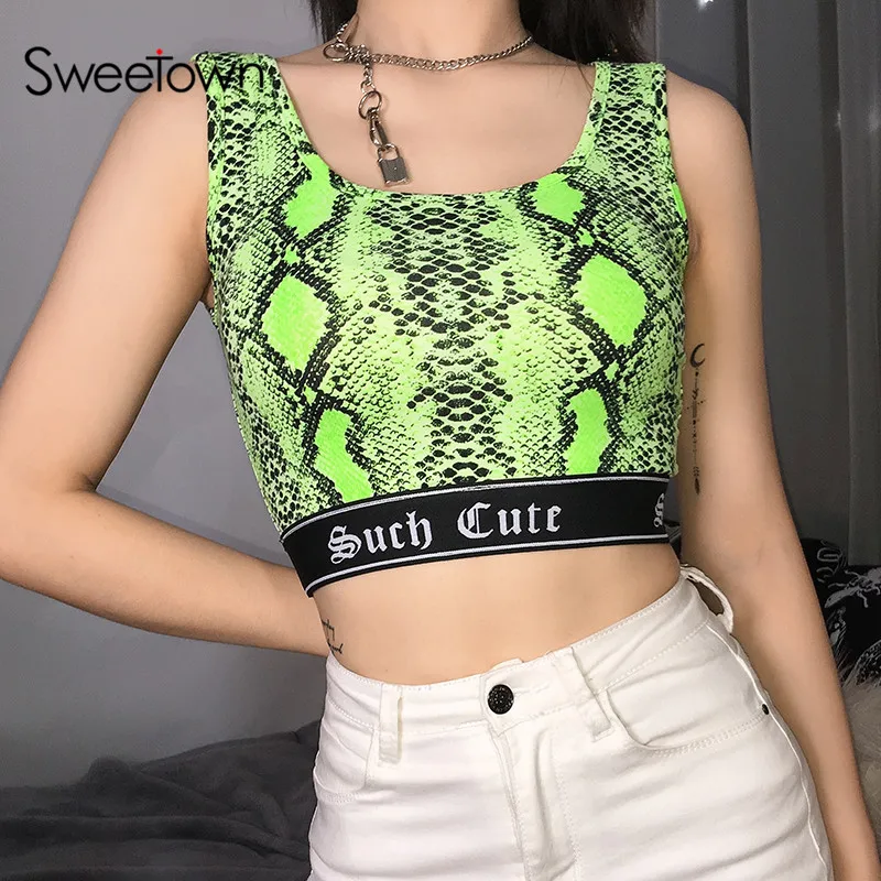 

Sweetown Neon Color Snake Print Tank Top Letter Robbon Patchwork Hem Casual Sexy Summer Crop Tops For Women Holiday Rave Clothes