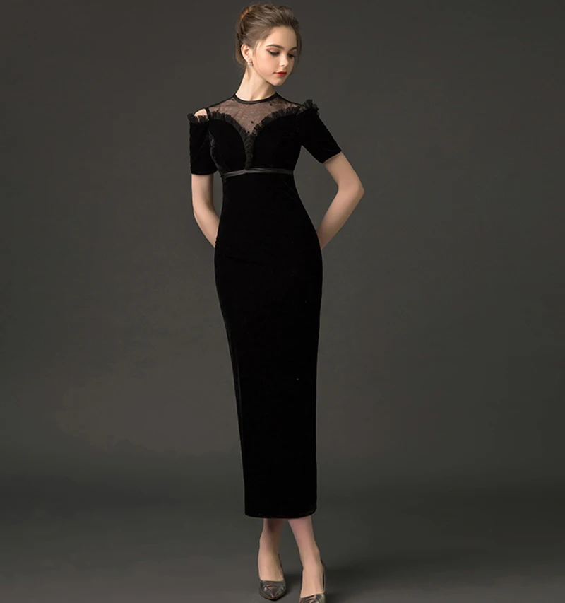 Black Velour Sheer Neck Behind Split Vestidos De Festa Off The Shoulder ...