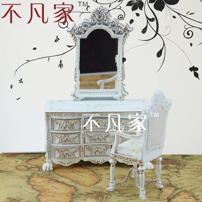 

DOLLHOUSE 1/12 SCALE MINIATURE FURNITURE WHITE PAINTED VANITY MIRROR&CHAIR
