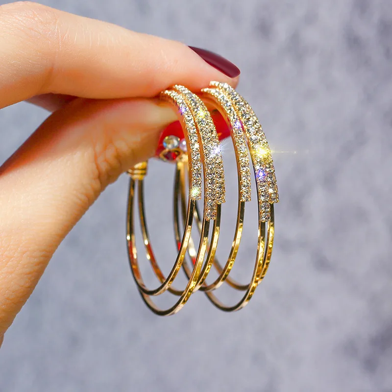 

Exaggerated Geometric Circle Full Rhinestone Earrings for Women Korean Luxury C-shaped Stud Earrings Banquet Party Jewelry