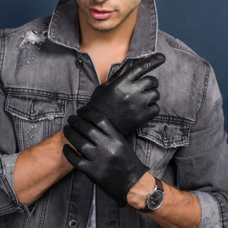 Мужские тонкие удобные перчатки из натуральной кожи мужские дышащие мягкие Модные Классические Осенние перчатки из козьей кожи без подкладки с сенсорным экраном для вождения