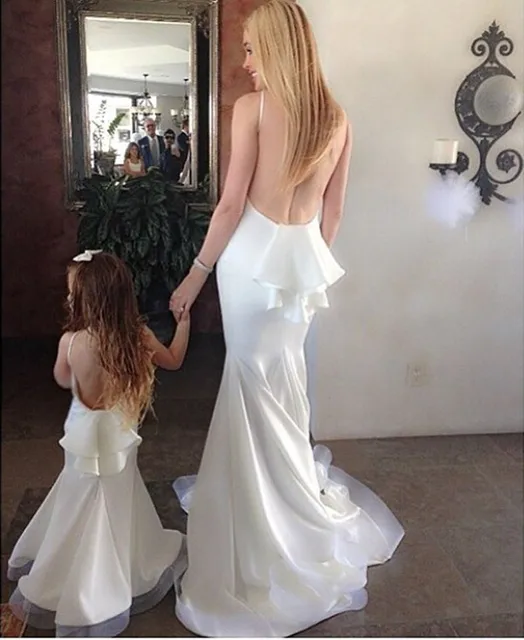 White Cute Mother And Daughter Prom Dresses Backless Long Elegant Mom