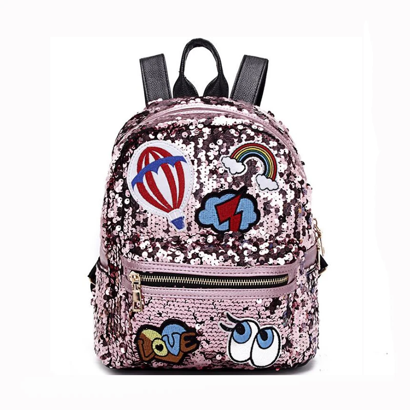 

New Glitter Sequins women Backpack Fashion Shiny badge Travel Bag Teenager Bling PU Leather school bag Rucksack 5 colors ST1015