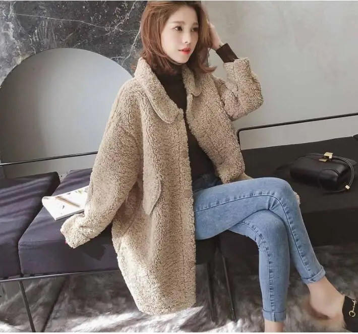 Женское длинное пальто с отложным воротником из искусственного овечьей шерсти, Осень-зима, женская теплая куртка с длинными рукавами, модное повседневное пальто