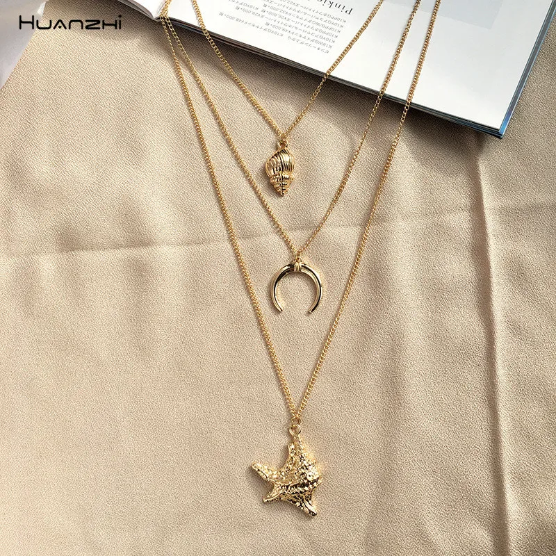 

HUANZHI 2019 Personality Multilayer Golden Metal Plated Shell Cowrie Conch Pendant Long Chain Necklace For Women Jewelry Gift