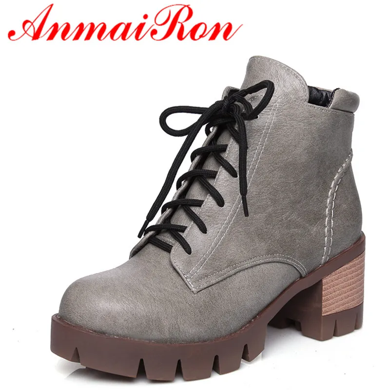 

ANMAIRON New Fashion Autumn/Winter Ankle Boots for Women Square Heels Round Toe Lace-Up Charm Women Shoes Large Size 34-43