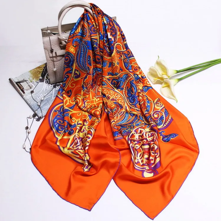 

Brand Story Orange Scarf Women Pure Twill Silk Scarves Female Square Large Handmade Hemming Shawls Wraps Printing 140*140cm