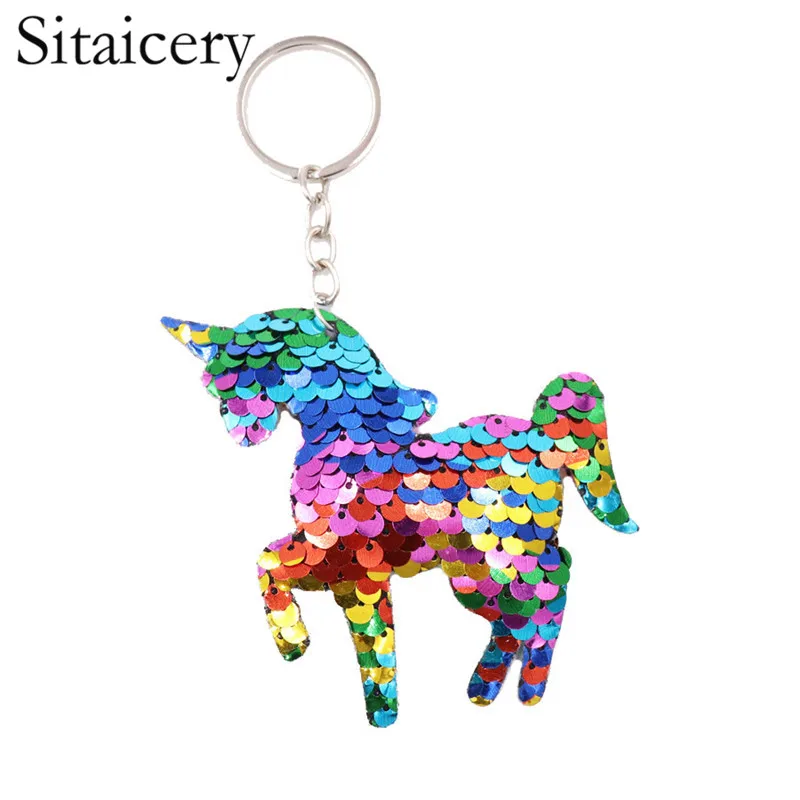 

Sitaicery Sequin Unicorn Keychain For Women Silver Key Holder Key Ring Pompom Keychain Drive Safe Key Chain Pendant For Car Keys