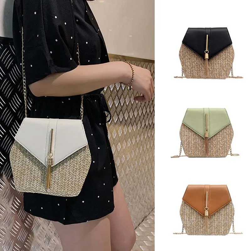 

2019 New Hexagon Straw Leather Patchwork Handbag Women Ladies Summer Rattan Bag Handmade Woven Beach Bohemia Shoulder Bags