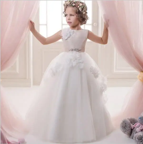 

White Ivory Princess Flower Girl Dress Puffy Tulle Lace with Sash Girls Pageant Gowns Birthday Party Dress Christmas Gown
