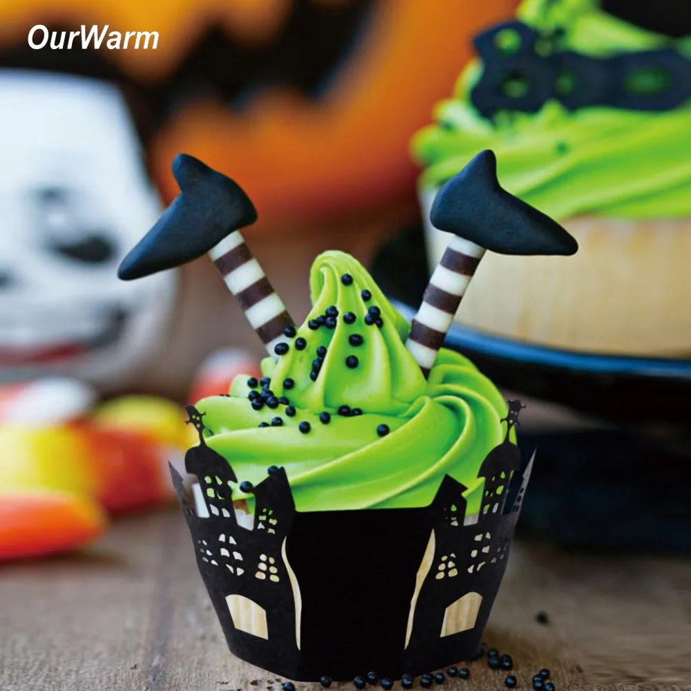 

OurWarm 12Pcs Halloween Cupcake Wrapper Liner Baking Cup Hollow Paper Cake Wrapper Witch Spiderweb Castle Halloween Party Decor