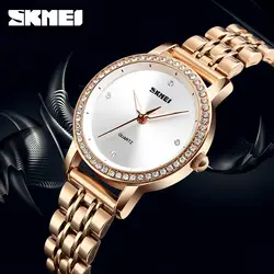 SKMEI кварцевый часы для женщин розовое золото нержавеющая сталь браслет женская одежда часы повседневное Простой циферблат сияющий